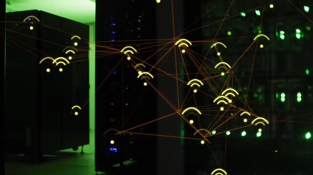 Scan initiating network overlay over server racks, growing nodes and showing packets for monitoring
