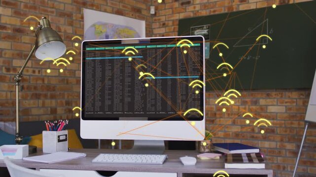Desktop computer displaying dense text starting wifi glyphs and nodes showing tech data flow