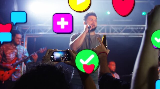 Singer singing music, 1 icon appearing sparking hearts rising over phone, hiding band, showing buzz