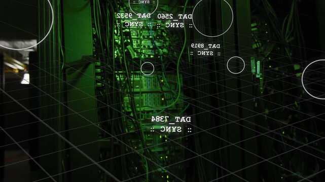 Camera panning, initiating HUD grid over rack under green light, labels rotating for network ops