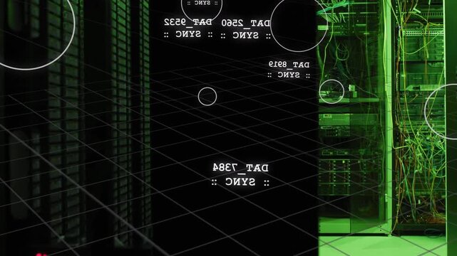 Vertical video: Central 3D grid reacting to sync command, showing drifting HUD rings over servers
