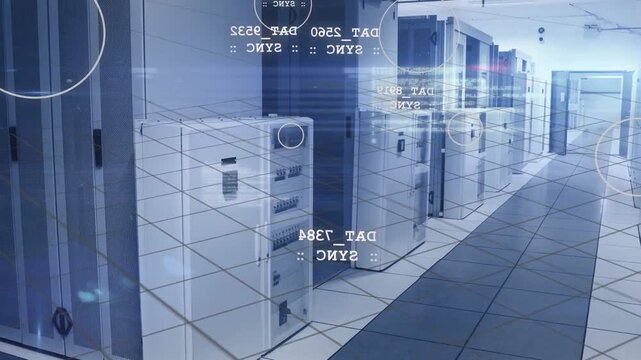 Camera starting near white power cabinet and gliding down aisle, mapping HUD grid across racks