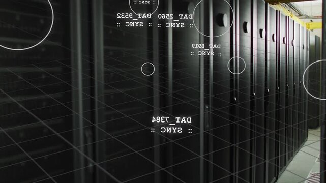 Camera starting near left cabinet moving down aisle showing racks HUD drifting showing sync monitor