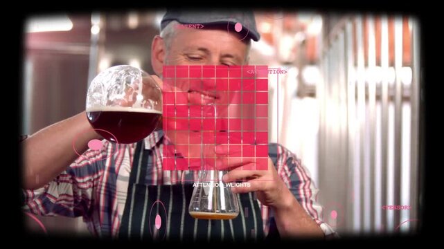 Brewer lifting pitcher, pouring beer into tasting glass for quality check, red grid tracking pour