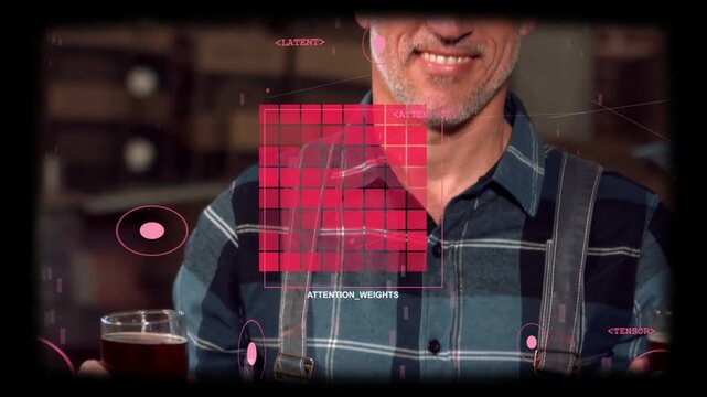 Camera rising, brewer raising two pints offering toast in bar, red grid animating over chest