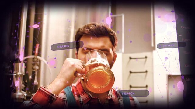 Brewer sampling beer after close-up, raising mug, sipping, inspecting foam, evaluating quality