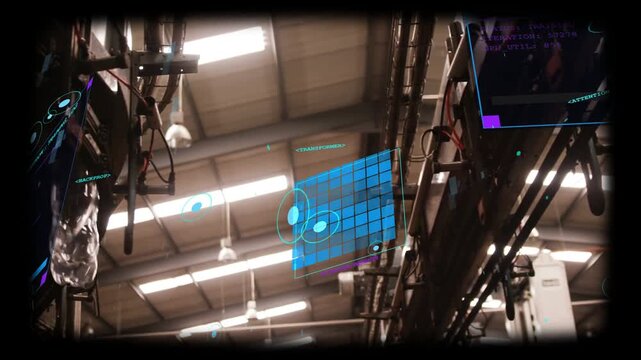 HUD grid fading in and rotating, nodes drifting while camera revealing rafters for inspection
