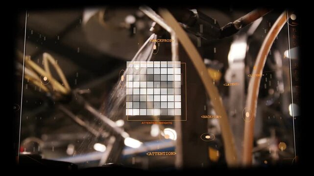 HUD starting scan, camera shifting, hoses sliding, nozzle crossing, fixture rotating to inspect