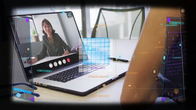 Laptop woman gesturing peer tapping tablet starting HUD over laptop showing cube business insights