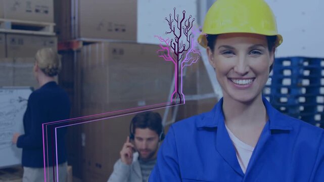 Magenta lines rising from left making tree in depot, woman-hardhat smiling, rep calling, whiteboard