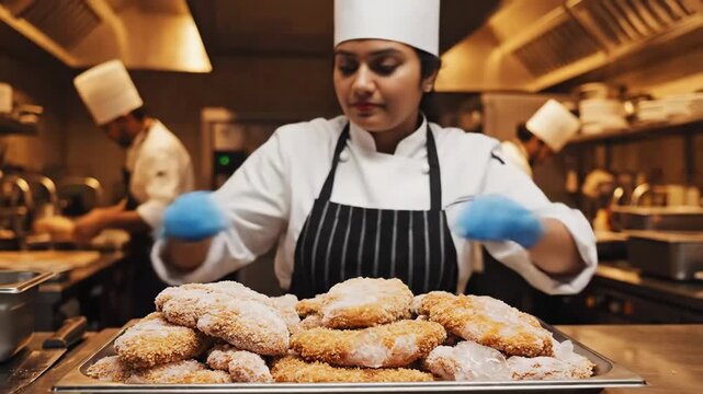 Chef Arranging Frozen Breaded Cutlets On Stainless Tray With Blue Gloves, Professional Team In Background, Prepping Batches For Service, Crisp Coating And Careful Portioning, Warm Kitchen Lighting.