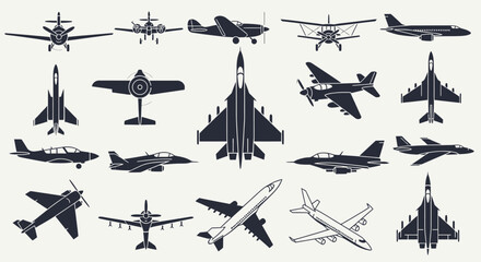 Set of Airplane Silhouettes: Military Fighter Jets, Commercial Airliners, and Vintage Propeller Planes Vector Icons © Jsu