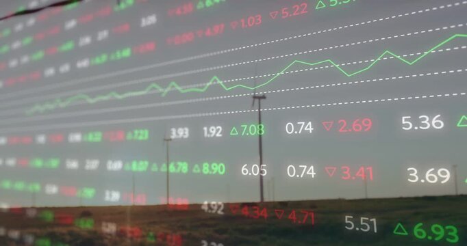 Financial overlay updating, camera panning, numbers changing and chart oscillating, showing trend
