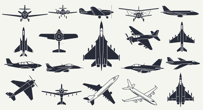Set of Airplane Silhouettes: Military Fighter Jets, Commercial Airliners, and Vintage Propeller Planes Vector Icons