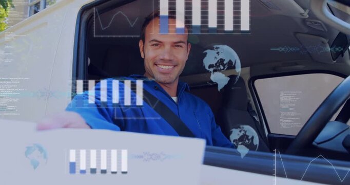 Driver reading glancing handing parcel thru window for delivery buckling resuming charts on docs