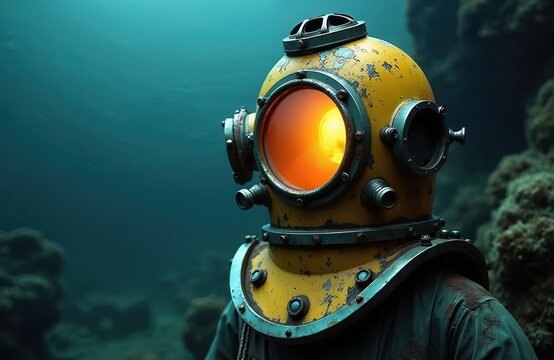 Retro deep sea diver in vintage yellow helmet explores dark blue ocean depths. Old diving suit, mysterious underwater world, solitary exploration adventure.