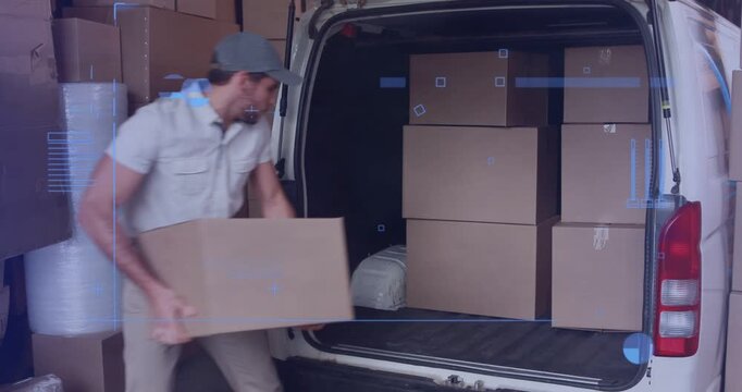 Man leaning into open van rear, bending, lifting, stacking boxes, organizing cargo for delivery