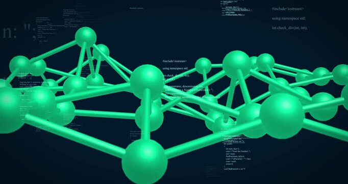 3D network pulsing while camera orbiting, revealing clusters and shifting code panels in tech viz