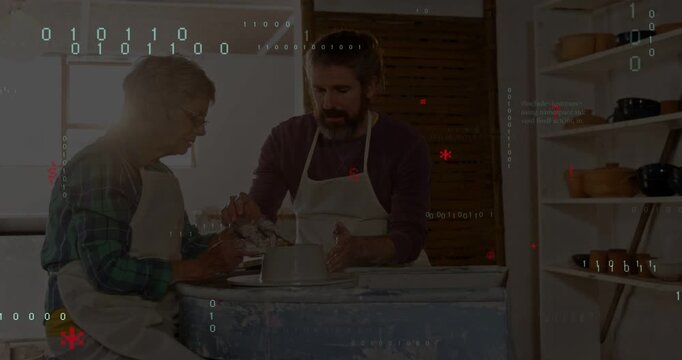 Mentor guiding learner on wheel, centering clay for art class while code overlay rising over hands