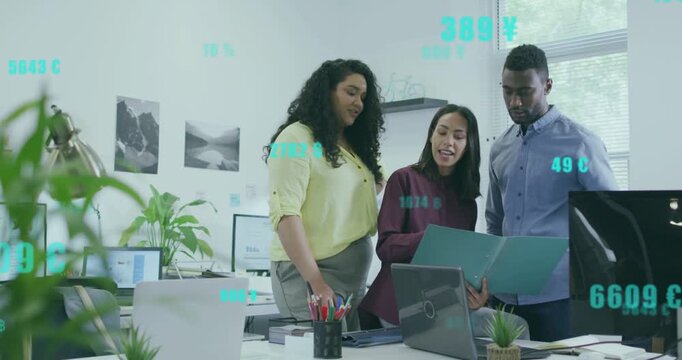 Teal folder opening initiating review, team leaning and pointing while teal data overlays floating