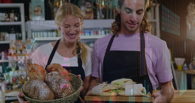 Showing bakery duo in dark aprons holding basket tray at counter, selling with overlays appearing