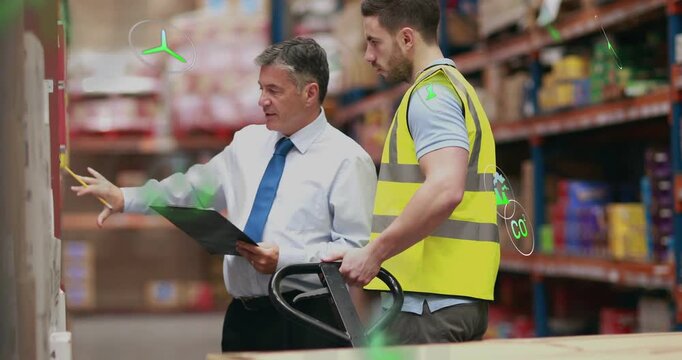 Pointing boss in tie reading clipboard, vest man holding jack checking warehouse stock, green icons
