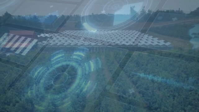 Long white roof spanning center, HUD appearing, expanding, rotating over fields for crop monitoring