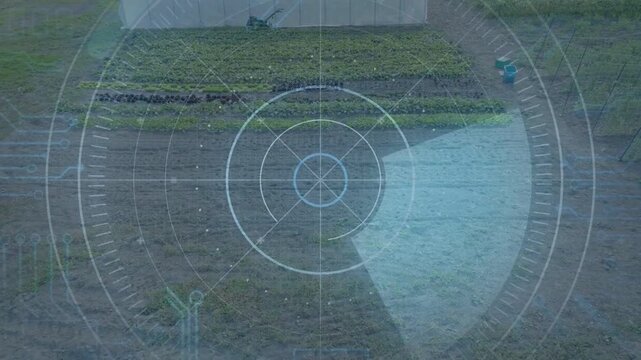 Radar HUD starting scan, rotating wedge sweeping clockwise over top farm plot for crop monitoring