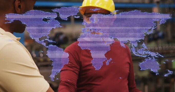 Right man reaching handshake in plant, lowering laptop, donning helmet, purple map confirming work