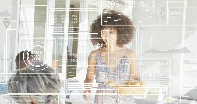 Woman with bowl entering patio serving muffins for meal, overlay highlighting pitcher as man pours
