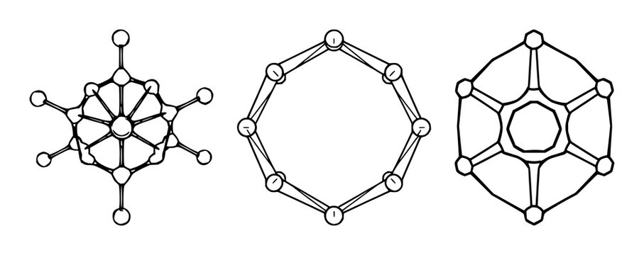 Molecule set with fine line art of a 3D hexagonal molecule structure featuring plant-based science, modern polygonal style, white background with illustration and vector