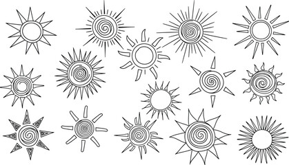Fototapeta premium Black Sun Symbols Isolated on White Background