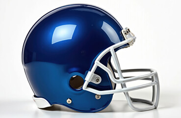 Fototapeta premium Shiny blue football helmet with white facemask. Classic design, pro sport headgear for protection. Isolated object on white background, studio shot.