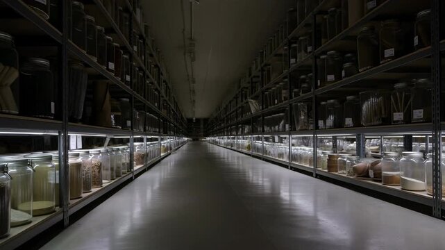 Glass Jars Line Organized Shelves. Sterile Environment Housing Labeled Specimens And Kept Cool