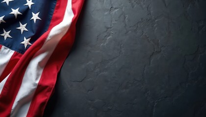 American flag drapes on dark slate surface. Symbol of patriotism honor and national pride. Celebrate Independence Day or Memorial Day with this classic representation of US values.