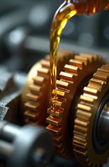 Fototapeta na wymiar Golden mechanical gears receive lubricant oil stream. Close up on industrial machine parts interaction, ensuring smooth operation and wear reduction for longevity.
