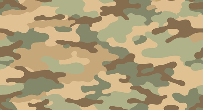 Seamless Military Camouflage Pattern Background in Tan, Olive, and Brown Tactical Colors