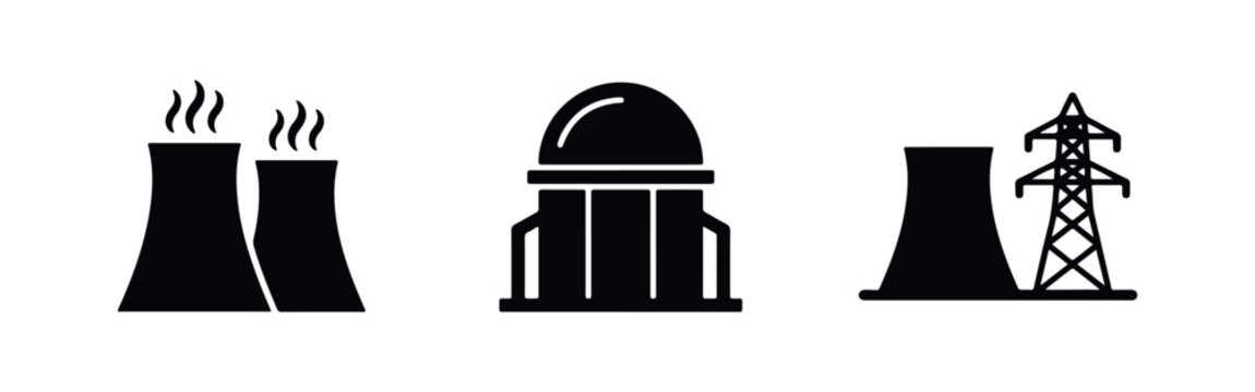 Collection of minimalist black icons for nuclear energy, featuring cooling towers, a reactor dome, and a power transmission pylon on white.