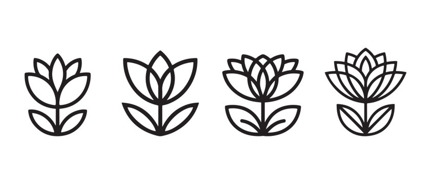 Lotus Flower Symbols with Evolving Petal Designs, Simple Black Line Art Flat Design Vector Illustration.