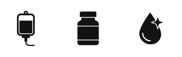 Obraz premium Set of black minimalist medical icons featuring an intravenous drip bag, a medicine bottle, and a pure liquid drop for healthcare and wellness.