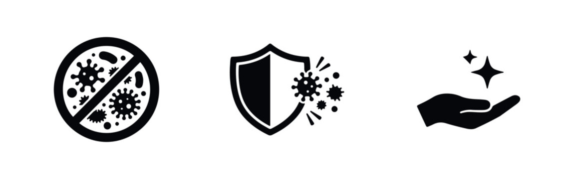 Set of black icons for hygiene and virus protection featuring a no-germs sign, a shield blocking viruses, and a clean hand with sparkles.