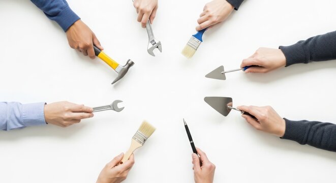 Team collaboration with tools planning construction or renovation project on white table