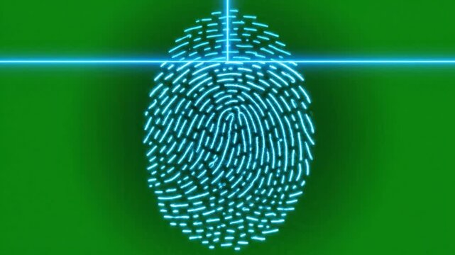 A glowing blue fingerprint scan is displayed on a green background with intersecting light beams, representing digital security and identification