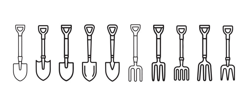 A collection of various gardening hand tools including different shovel and fork blade designs.