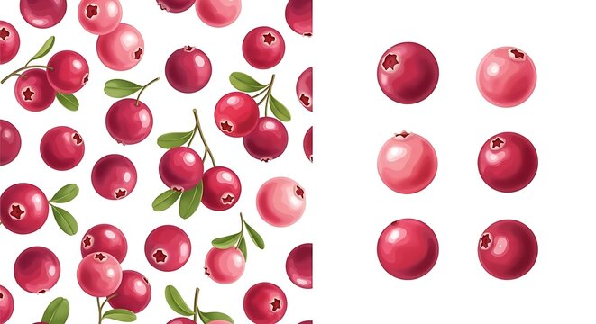 Vibrant cranberry illustration seamless pattern and individual berries on white