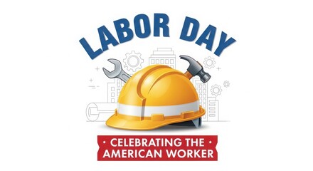 Fototapeta premium Labor Day celebration banner with hard hat, hammer, and American worker theme