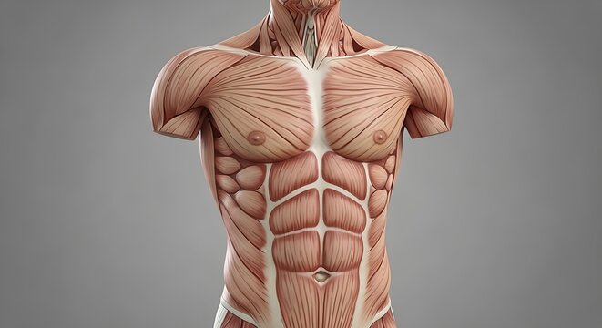 Detailed anatomical illustration of the human torso musculature showcasing pectoral muscles abdominal obliques and rectus abdominis