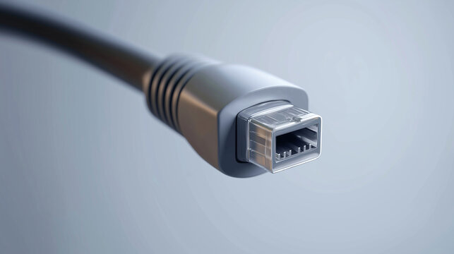 Grey data cable with a clear firewire connector displaying network communication, digital transfer, and internet browsing concepts against a light background