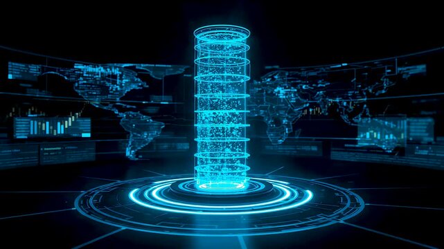 Glowing cylindrical data tower with circular interface and world map display in blue digital environment showing advanced system technology