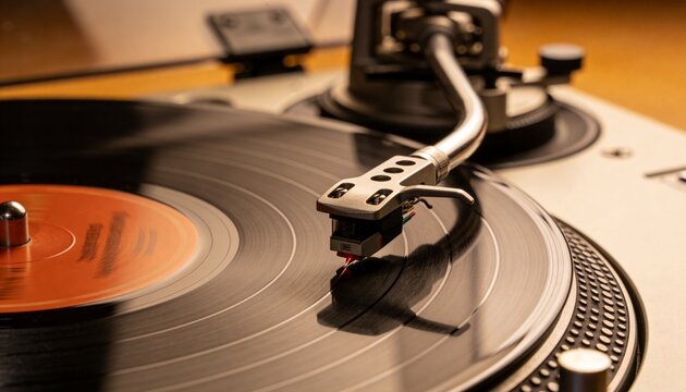 Spinning tonearm and stylus tracing grooves on black vinyl at home, orange label glowing
